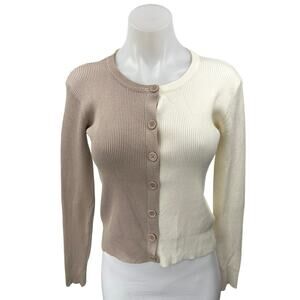 Decker Crescent Brown White Colorblock Rib Knit Button Cardigan Sweater Top XS